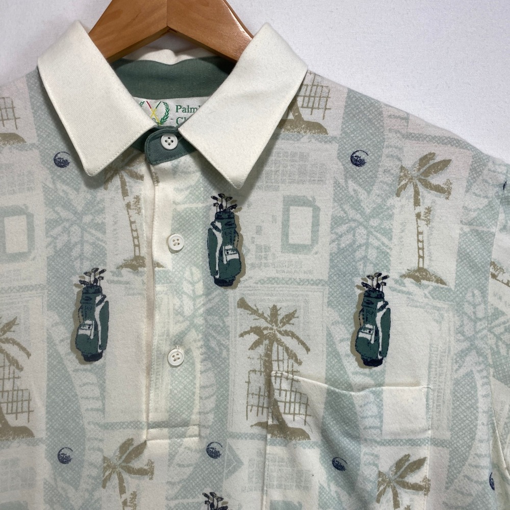 Palmland Club Mens Vtg Golf Polo Shirt Cream Green Tropical Palm Sz Small‎